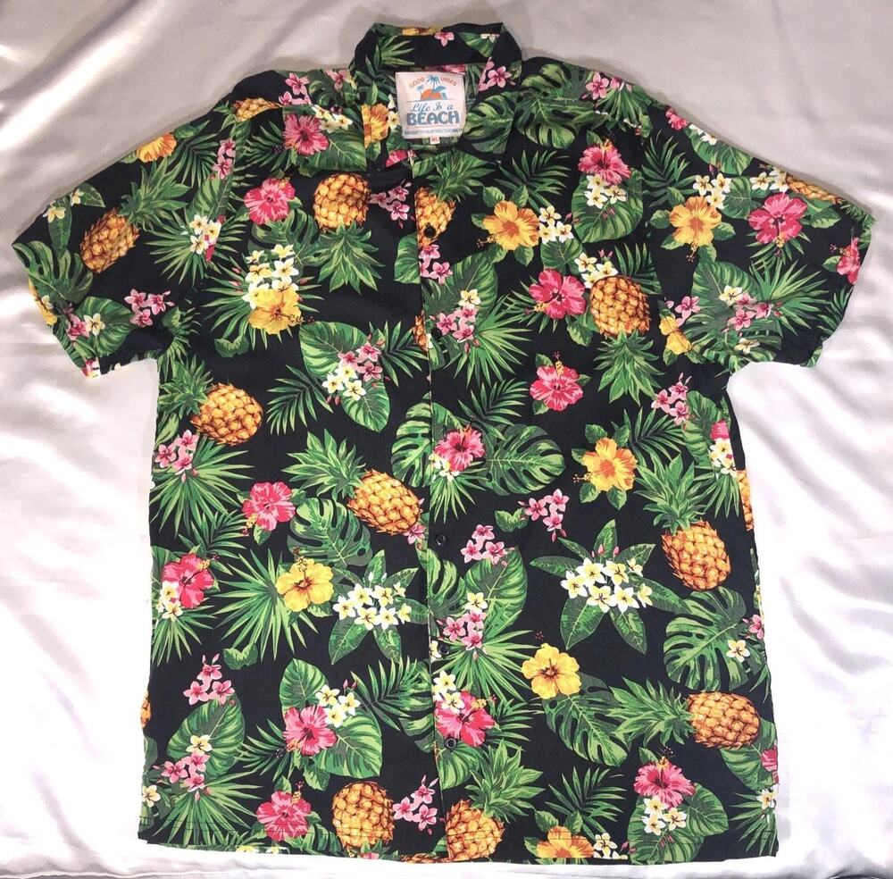 Hawaiin Shirt Button Up Good Vibes Floral Hibiscus Pineapples Mens Size XL
